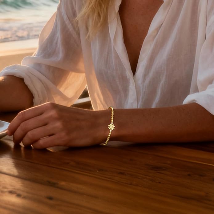 HZDK Gold Bracelets for Women - 14K Gold Plated Beaded Bracelets for Women Gold Jewelry Stackable Charm Bracelet Dainty Stretch Bead Bracelet Christmas Gifts for Her