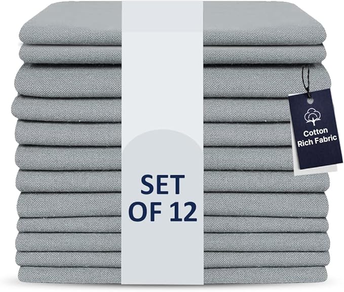 LFH Home Cotton Rich Metered Napkins for Dining Table Set of 12, Elegant Cloth Napkins for Wedding Party or Everyday Use Machine Washable Durable Reusable and Soft for Hosting 18x18 Inch - Ash Grey