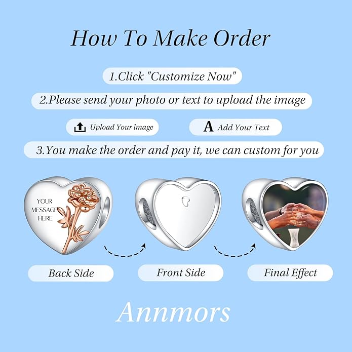 Annmors Personalized Photo Charm for Bracelet Necklaces,925 Sterling Silver Charm Love Heart Shaped Engraved Customize Picture Gift for Birthday Mother's Day Christmas,Bead Charms Jewelry for Women
