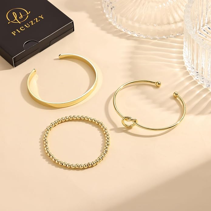 Gold Bangle Bracelets for Women, Non Tarnish Dainty 14K Gold Plated Cuff Bracelets Stackable for Women,Waterproof Bracelet Stack Gold Jewelry Gifts Trendy Adjustable Accessories