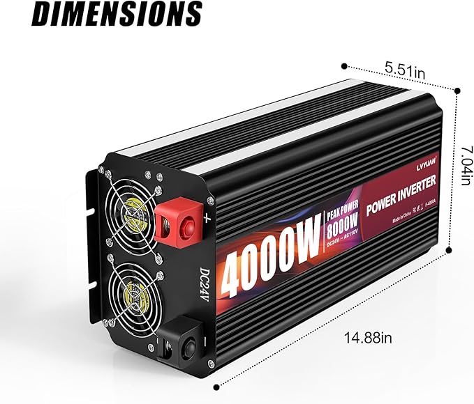 LVYUAN 4000 Watt Power Inverter 24V to 110V 120V for Vehicle, Solar Inverter System, Heavy Duty, RV, Truck, Off Grid,Camping with 4 AC Outlets, LCD Display, Wireless Remote Control, Car Power Inverter