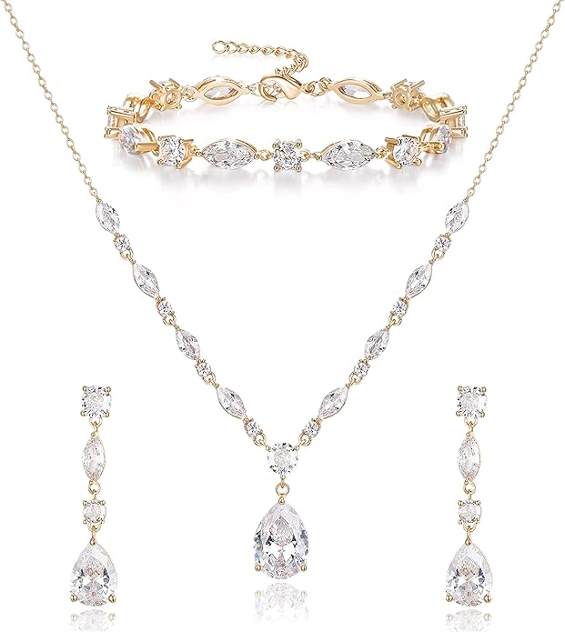 Crysdue Teardrop Bridal Jewelry Set for Wedding Party, Silver/14K/Rose Gold Plated Prom Costume Jewellery for Bride Bridesmaids Women, Cubic Zirconia Necklace Dangle Earrings Bracelet
