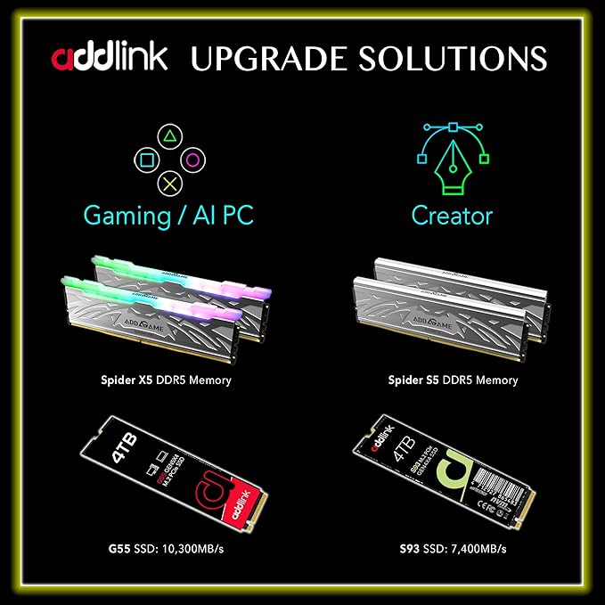 Addlink G55 1TB PCIe 5.0 Gen5 NVMe M.2 SSD- Up to 10,200 MB/s - PC Gaming Upgrade, Photography, Video Editing & Design - Gen5x4 Internal Solid State Drive (ad1TBG55M2P)
