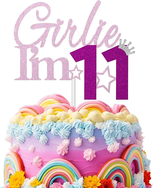 Girlie I'm 11 Cake Topper, 11th Birthday Decorations for Girl, Glitter Funny 11th Birthday Cake Topper, Girlie 11 Year Old Birthday Party Decoration Supplies