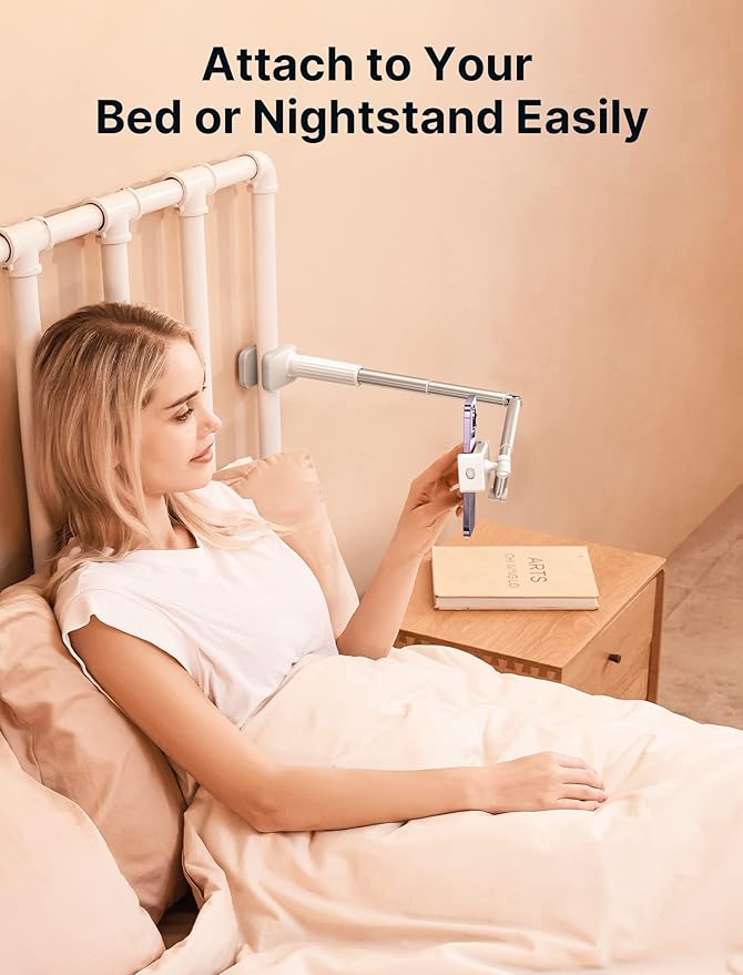 JSAUX Phone Holder for Desk and Bed Compatible with iPhone 16 15 14 13 12 Overhead Phone Mount Gooseneck Phone Stand Flexible 360 Lazy Long Arm Clamp Clip for Table Bedside [1-Pack, White]
