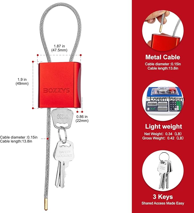 Cable Padlock with 3 Keys | L 1.15ft(0.35m),D 1/6in(4mm) Adjustable Steel Cable Lock | Aluminum Locks for Bikes, Gate, Lockers & Outdoor Gear | Weatherproof & Red