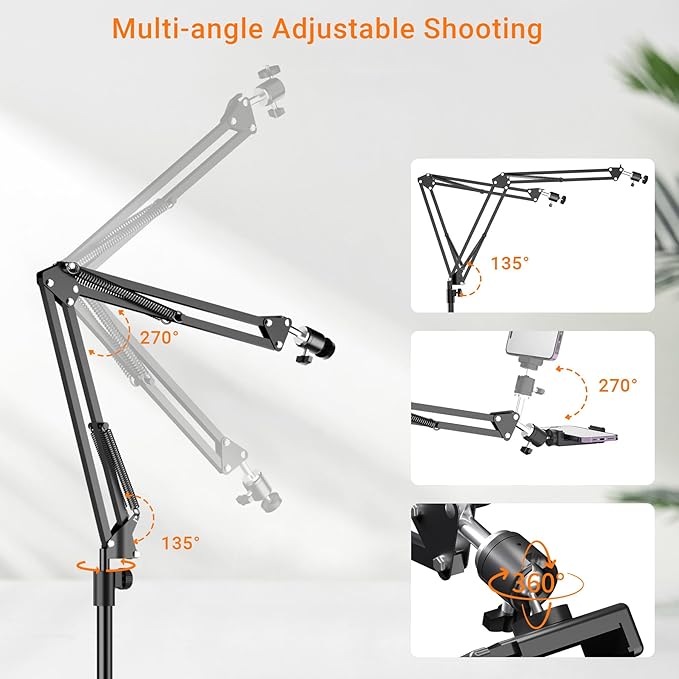 Tall Overhead Camera Mount, High Desk Phone Tripod Mount for Video Recording, Content Creator Essential Compatible with iPhone Compact Cam for Live/YouTube/TikTok