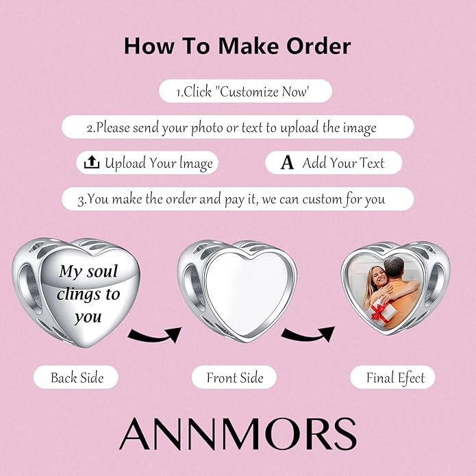 Annmors Personalized Photo Charms For Bracelets/Necklace 925 Sterling Silver Love Heart Shaped Engraved Customize Picture Gift for Birthday Mother's Day,Bead Charms Jewelry for Women