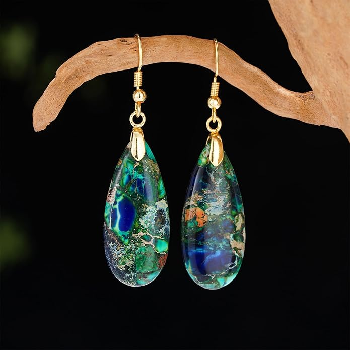Boho Women Natural Stone Earrings Unique Healing Imperial Jasper Gemstone Energy Hypoallergenic Lightweight Dangle Drop Earrings Multiple Styles Earrings Jewelry for Birthday Party Gift