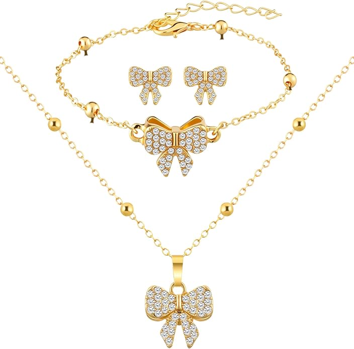 Bucherry 3 Pcs Heart Jewelry Set Bow Snowflake Jewelry Heart Pendant Chain Toggle Necklace with Bracelet Earrings Snowflake Stainless Steel Link Chain for Women Gift