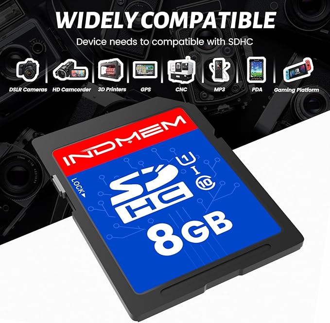 INDMEM SD Card 8GB, 10-Pack UHS-I Class 10 MLC Flash Memory Card, High-Speed Secure Digital Cards for Cameras, DSLR, Action Cams - Reliable Storage
