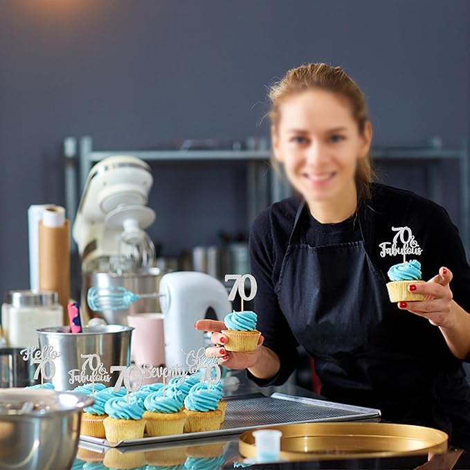 30PCS Happy 70th Birthday Cupcake Toppers Glitter Hello 70 Fabulous Seventy Cheers to 70 Years Old Birthday Cupcake Picks for Happy 70th Birthday Anniversary Party Cake Decorations Supplies Silver