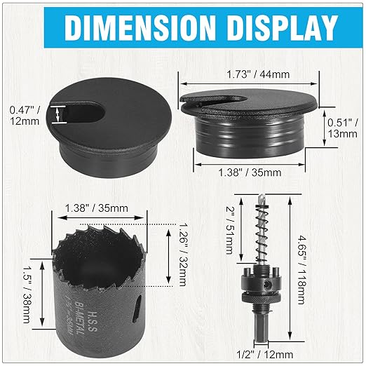 1-3/8" Black Desk Grommet with Bi-Metal Hole Saw, JTemgle Plastic Cable Hole Cover Computer Table Cord Wire Organizer Caps, Desktop Cord Management for Home Office TV Stands Tabletops, 13 Pieces