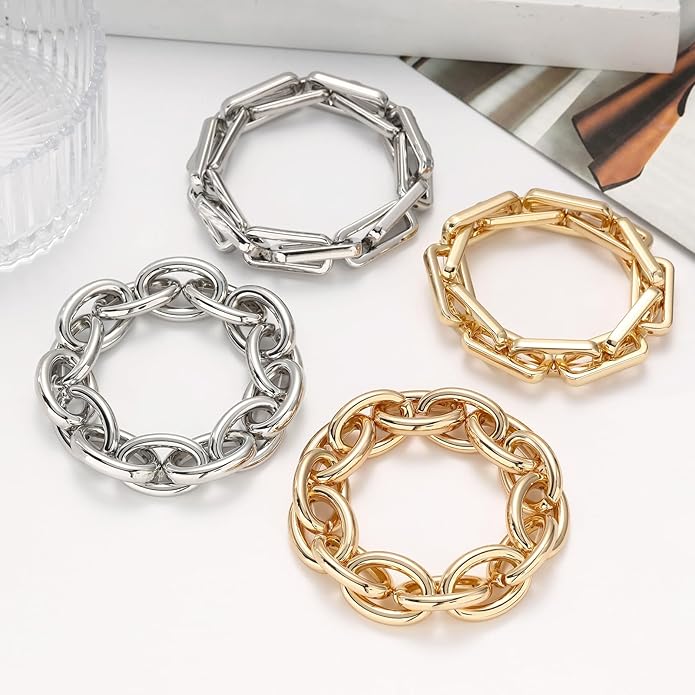 Chunky Gold Bracelet for Women Non Tarnish, Trendy Stretch Cuban Link Chain Plated Gold Bangle Bracelets