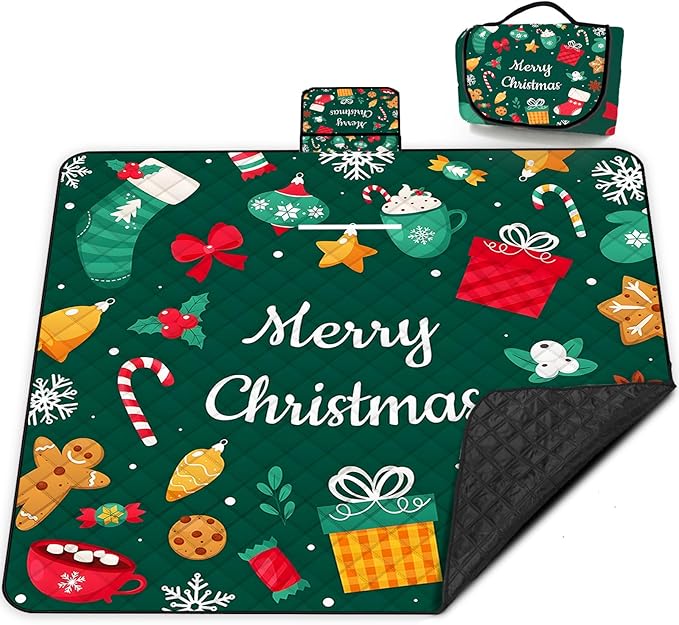 Poedist Extra Large Christmas Picnic Blanket Waterproof,80"x 80"Foldable Machine Washable Beach Blanket,Outdoor Blanket for 6-8 Adults,Suitable for Crawling,Park Beach,Camping,Hiking,Family