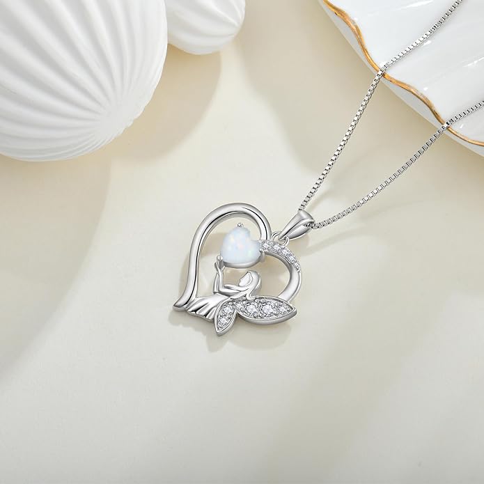 Guardian Angel Necklace 925 Sterling Silver Heart Angel Wings Pendant Birthstone Jewelry for Women