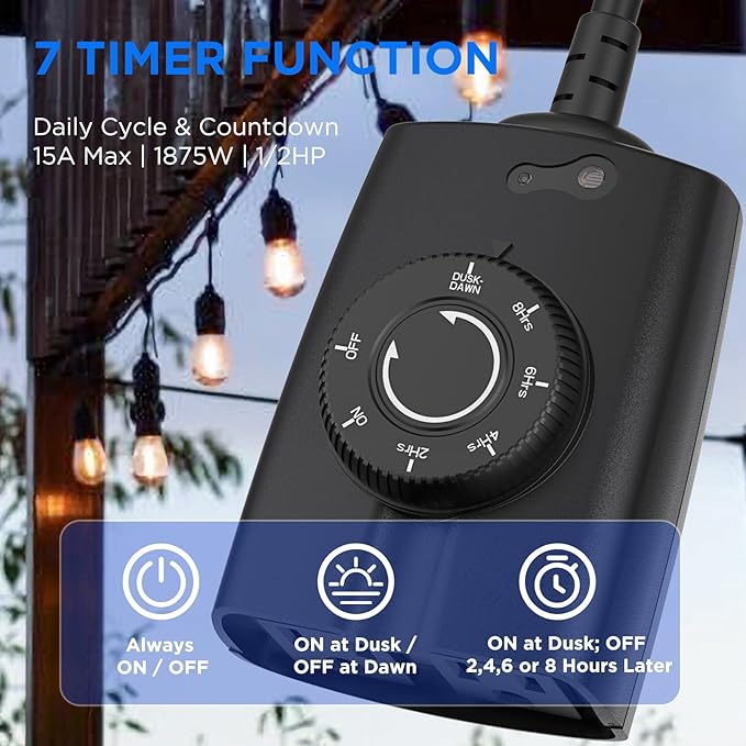 G-Homa Outdoor Timer, Dusk to Dawn Timer, Outdoor Light Timers Waterproof, 2 Grounded Outlets Timers for Christmas Lights, 15A 1/2HP, CSA Listed, Light Sensor Timer 2Pack, Black, OT1004D