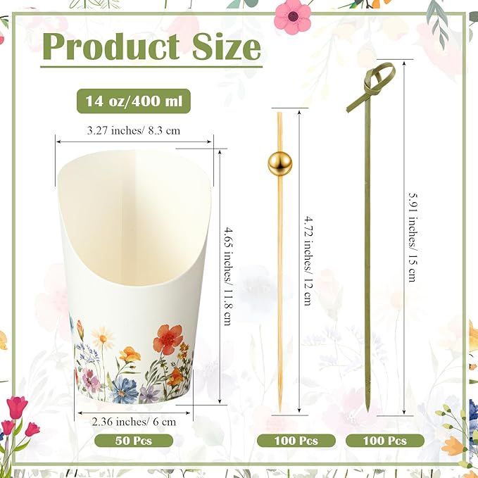 Tioncy 250 Pcs Charcuterie Cups with Cocktail Picks Sets, Bridal Shower Decoration 50 Charcuterie Cups with 200 Sticks for Wedding Baby Shower Floral Boho Witch Party Decorations(Colorful,Wildflower)