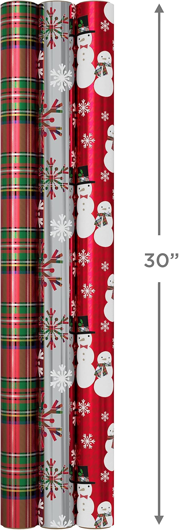 Hallmark Foil Christmas Wrapping Paper with Cut Lines on Reverse (3 Rolls: 60 sq. ft. ttl) Plaid Snowflakes, Snowmen, Red, Green and Blue Plaid