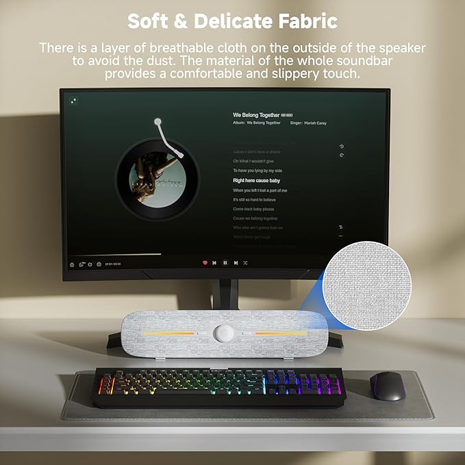 SOULION R90 Bluetooth Computer Speakers for Desktop, USB Powered 3.5mm AUX PC Speakers with LED Dynamic Light, Portable Soundbar Speaker with Rotary Volume Control for Laptop Monitor, White