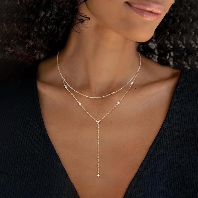 Gold Necklace for Women, Dainty Gold Long Necklaces 14k Gold Plated Prom Lariat Necklace Cute Choker Necklaces for Women Trendy Stuff Fashion Costume Gold Accessories Christmas Jewelry Gifts