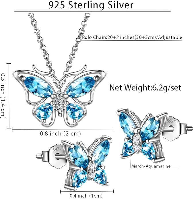 925 Sterling Silver Birthstone Butterfly Jewelry Women Crystal Animal Cute Butterflies Birthday Necklace/Earring/Ring/Bracelet Sets Birth Stone Statement Anniversary Jewellery