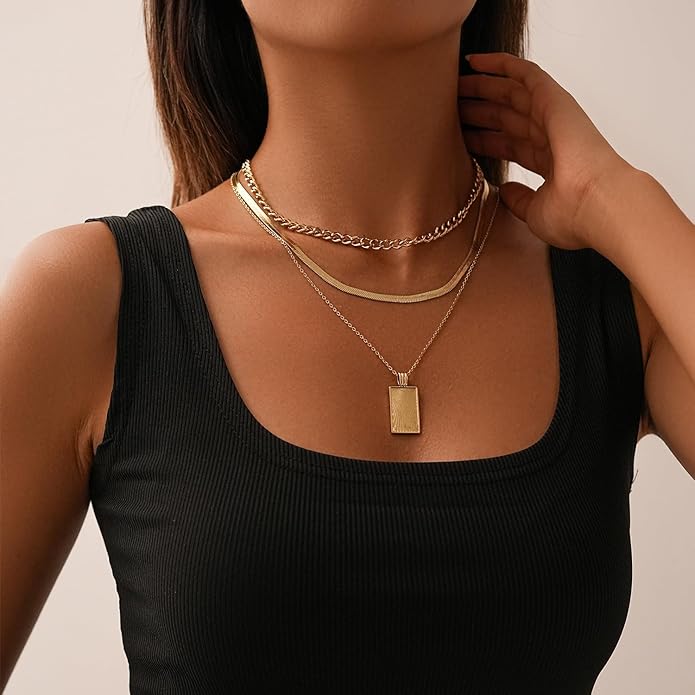 Women's Multi-Layered Gold Necklace, Stackable Delicate 14K Gold Plated Fashion Round Multi Layers Pendant Necklace, Gold Jewelry Set Gifts