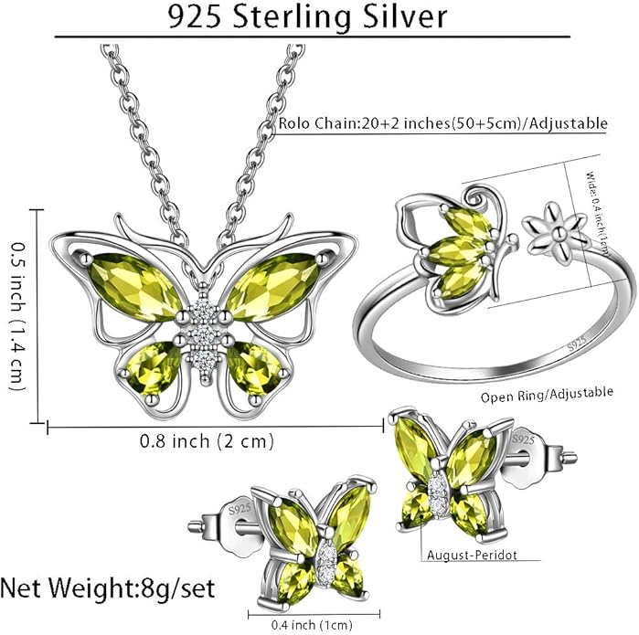 925 Sterling Silver Birthstone Butterfly Jewelry Women Crystal Animal Cute Butterflies Birthday Necklace/Earring/Ring/Bracelet Sets Birth Stone Statement Anniversary Jewellery