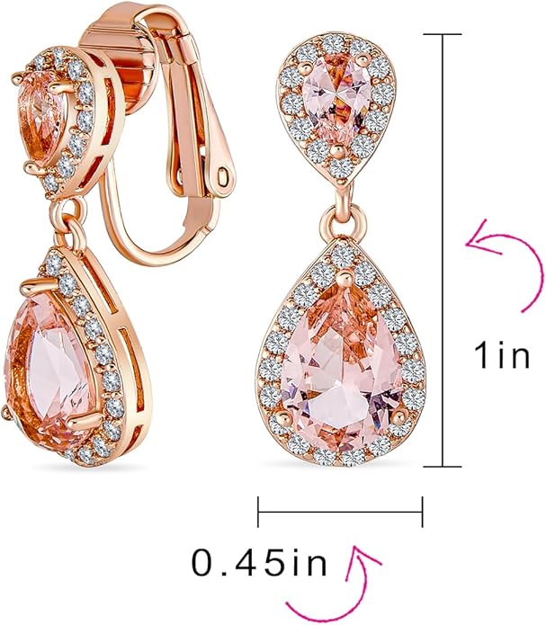 Vintage Style Bridal Cubic Zirconia Simulated Gemstone AAA CZ Halo Dangle Teardrop Chandelier Clip On Earrings For Women Silver Rose Gold Plated in Black Purple Blue Red Rose Pink Green Clear
