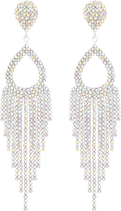 Rhinestone Teardrop with Long Tassel Earrings Sparkly Dangle Earrings for Women