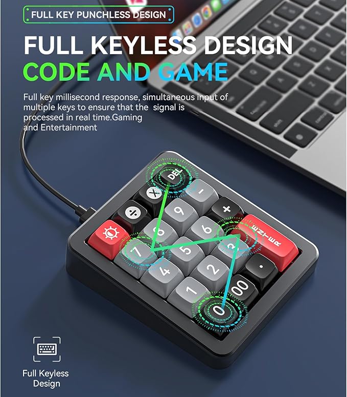 Adventurers K812 Wired Mechanical Numeric Keypad, 19-Key Hot-Swappable RGB Numpad, Macro Programmable, Detachable Type-C Cable, Game/Office Mode Switch – for PC/Laptop/Desktop (Black)