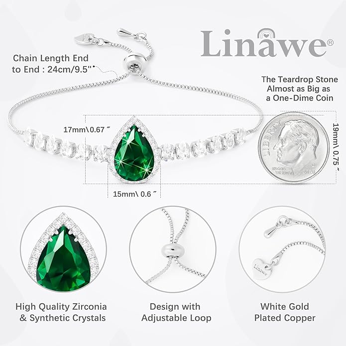 Linawe Crystal Imitation Diamond Rhinestone Charm Bracelets for Women, Gold/Silver/Rose Gold Adjustable Chain Bracelet, Teardrop Birthstone Cubic Zirconia Prom Costume Wedding Jewelry