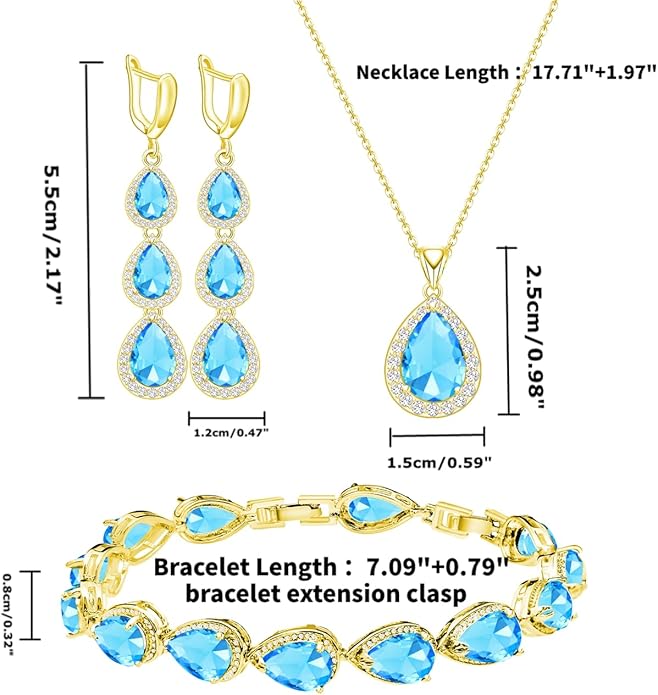 LMXXVJ Necklace Long Earrings Bracelet Set, White Gold Plated Created Blue Sapphire Jewelry Set Wedding Party Gift Jewelry for Women Bridal Bridesmaid