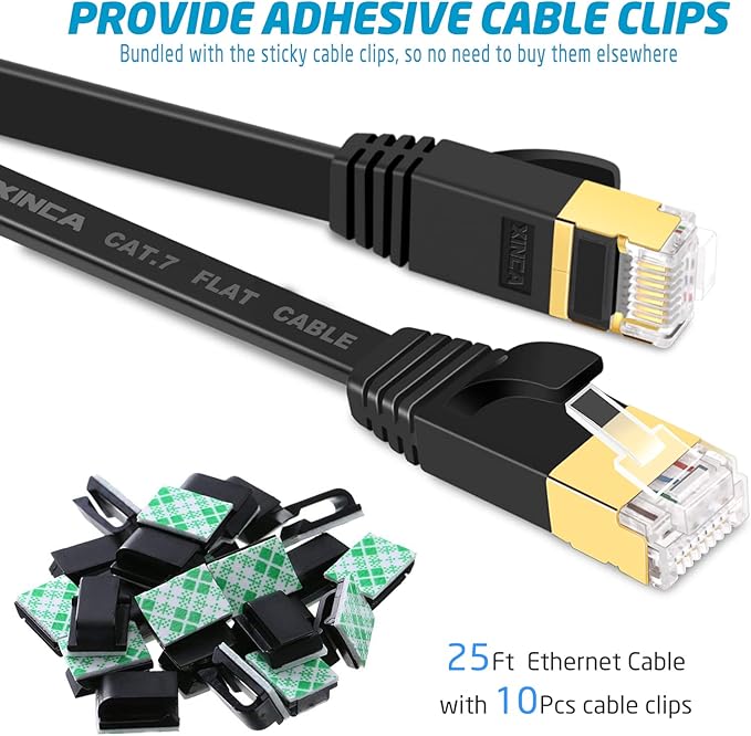 Cat 7 Flat Ethernet Cable 25ft Black, High Speed 10GB Shielded (STP) LAN Internet Network Cable Ethernet Patch Computer Cable with Rj45 Connectors and 10pcs Adhesive Cable Clips