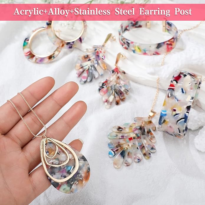 Highergo 8 Pcs Acrylic Jewelry Set Women Statement Earrings Necklace Bracelet Marble Texture Floral Necklace Set for Women