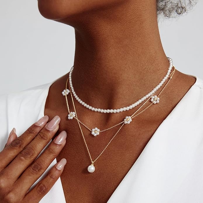 Zeffy Gold Pearl Necklace for Women, Dainty 14K Gold/Silve Plated Layered Pearl Choker Pearl Earrings Pearl Bracelets Wedding Trendy Gold Jewelry Set for Women Gifts