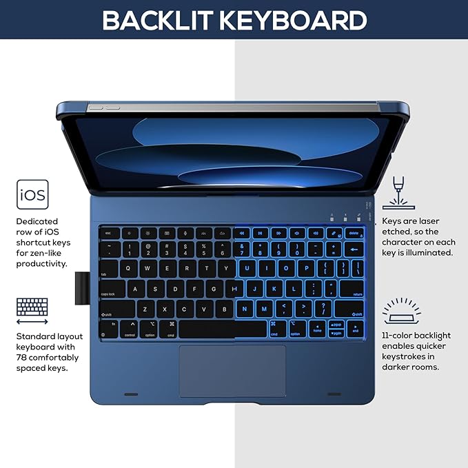 typecase Touch iPad 10th Generation Case with Keyboard (10.9", 2022) and iPad A16 (11th Gen, 2025) – 360° Rotatable, 11-Color Backlit, Multi-Touch Trackpad, Thin & Light (Midnight Blue)