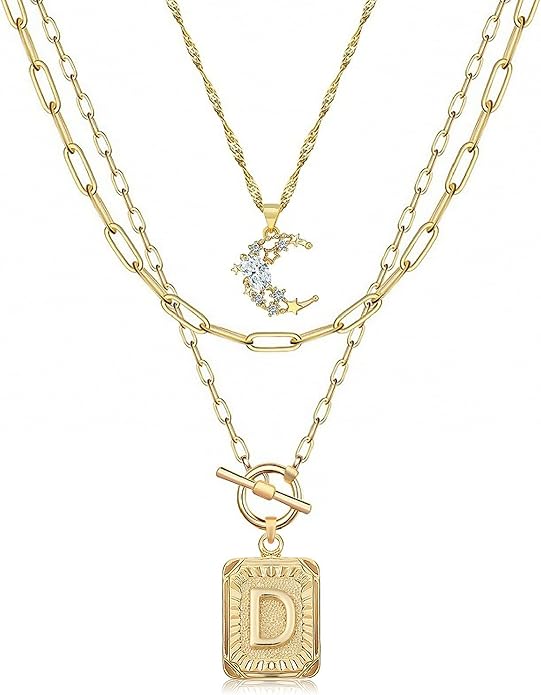 MJartoria Layered Initial Necklaces for Women Trendy, 14K Gold Plated Brass Simple Moon Choker Square Letter Pendant Necklace, Paperclip Chain Necklaces Jewelry Gifts