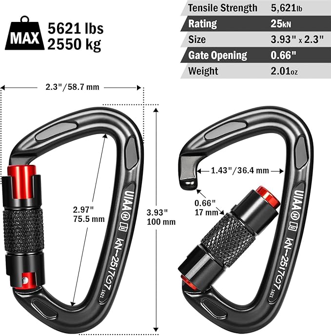 FresKaro UIAA Certified 25KN Auto Locking Climbing Carabiner Clips, Twist Lock, and Heavy Duty Carabiners for Rock Climbing, Rappelling, and Mountaineering, D Shaped