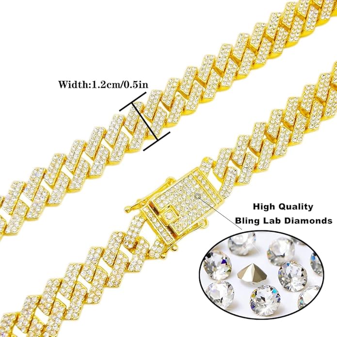 HH BLING EMPIRE 14k Gold/Silver Cuban Link Chain for Women Iced Out Diamond Chunky Cuban Link Necklace Chain Bracelet 2pcs Sets