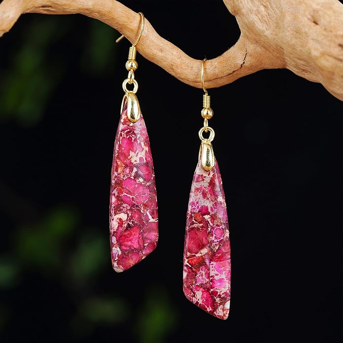 Boho Women Natural Stone Earrings Unique Healing Imperial Jasper Gemstone Energy Hypoallergenic Lightweight Dangle Drop Earrings Multiple Styles Earrings Jewelry for Birthday Party Gift