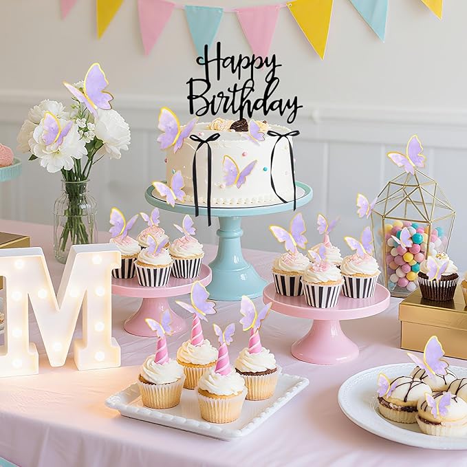 17PCS Happy Birthday Cake Toppers 3D Butterfly Cupcake Topper Pink Purple Gold Bow Cake Topper Birthday Party Decoration for Your Family and Friends