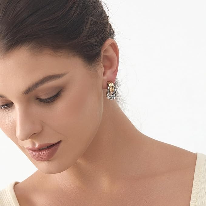 Knot Link Earrings, Chunky Circle Drop Dangle Studs Two Tones Mix-colred Earrings