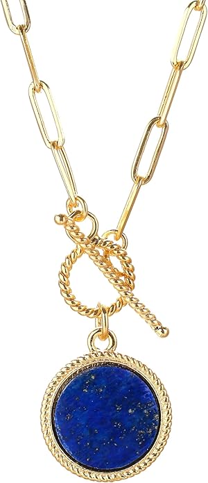 Gempires Gemstone Coin Front Toggle Pendant Necklace for Women with Gold Paperclip Chain, Natural Crystal Pendant with Toggle Clasp, Handcrafted Perfect Jewelry Gift for her