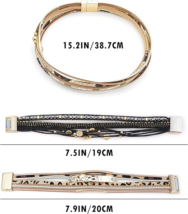 Wowanoo 3Pack Leather Cuff Bracelet Set Multilayer Wrap Bracelet Crystal Feather Tree Bracelet Magnetic Clasp Bracelet for Women