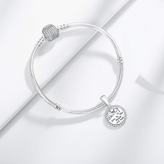 925 Sterling Silver Charms Fit Pandora Charms Bracelet I Love You to The Moon and Back Fit Wife Mom Christmas Birthday Gift