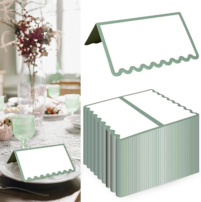 150 PCS Sage Green Scalloped Place Cards 2 x 3.5 Inch Blank Tented Place Card Name Cardstock Seat Assignment Label Card Reserved Table Seating Signs for Birthday Party Wedding Setting