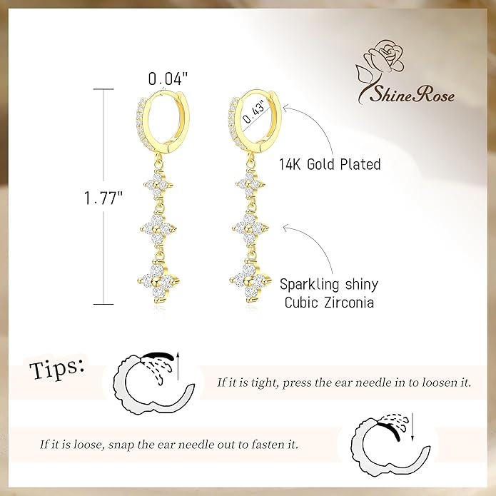 Dangle Earrings For Women Trendy 14K Gold Plated Drop Silver Long Dangling Dainty CZ Simple Hanging Jewelry