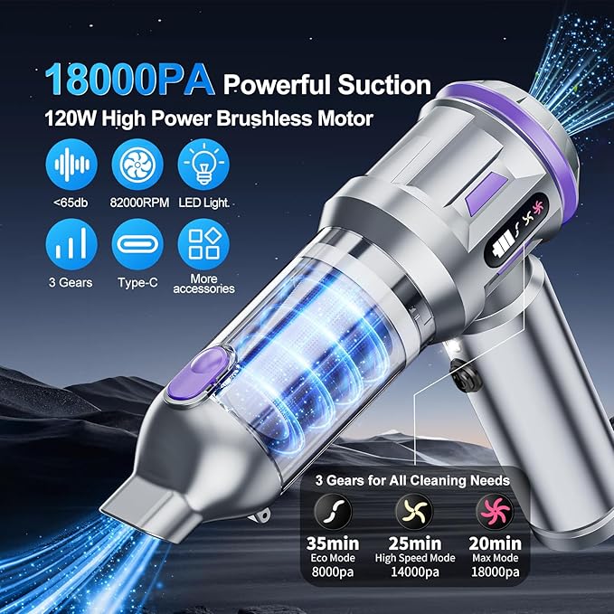 Car Vacuum Portable Cordless, 18000pa Mini Vacuum Cleaner, 4 in 1 Handheld Vacuum Cordless Rechargeable, 120W High Power Hand Held Vacuum Cleaner With LED Light Multi-nozzles for Car Home Office Pet