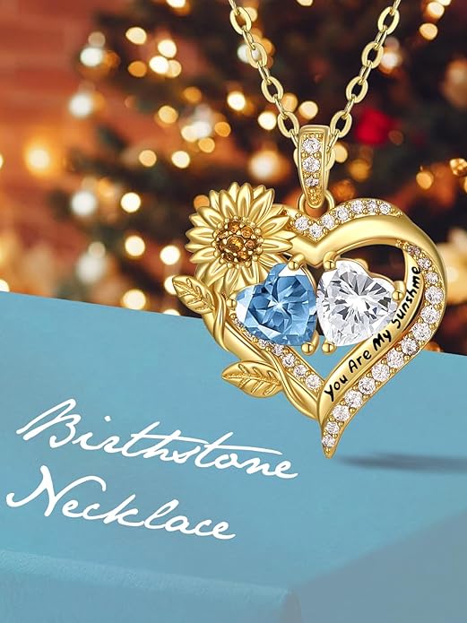 Sunflower Heart Necklace for Women 14K Gold Exquisite Valentines Day Anniversary Birthday Gifts for Wife Mother Her Double Birthstone Pendant Jewelry‘You Are My Sunshine’